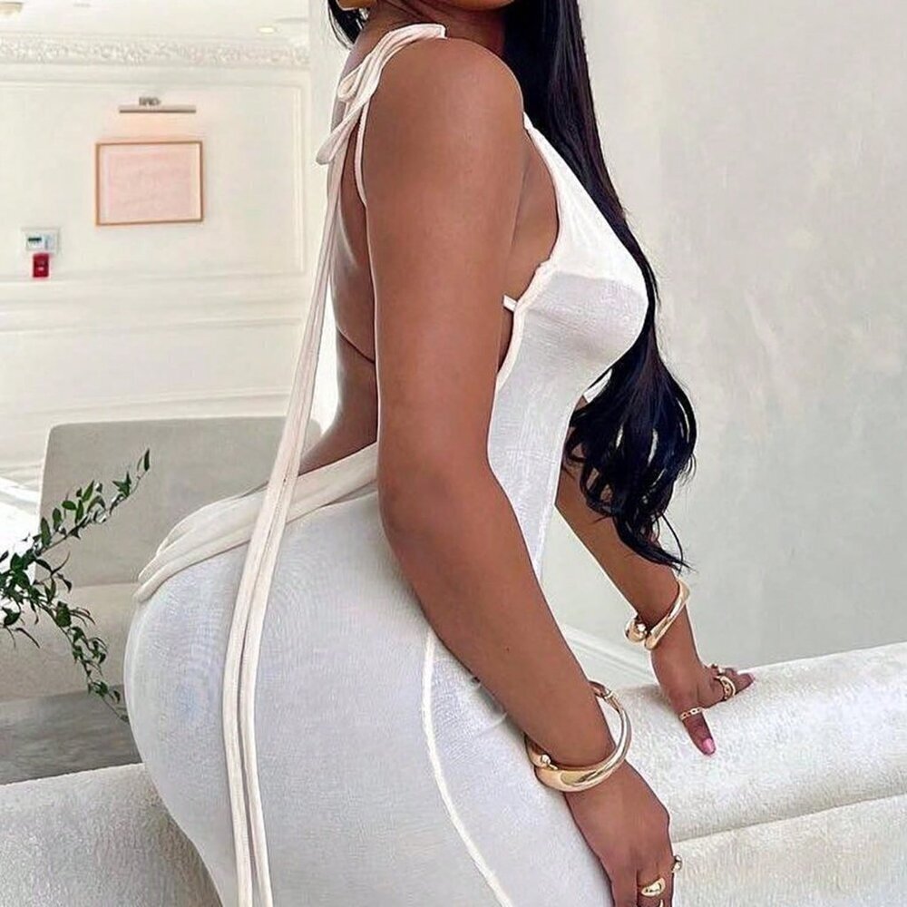 White Sexy Women's Draped Collar Tie Shoulder Cami Dress - Picture 5 of 6